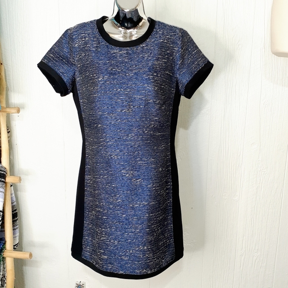 MADEWELL Shimmerweave Blue & Black Colorblock Short Sleeve Sheath Minidress - Picture 6 of 6